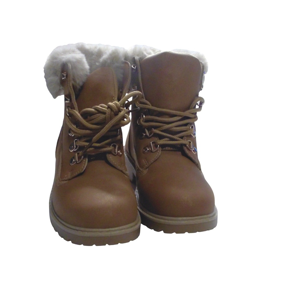 BM Collection Tan Faux‎ Fur Trim Glitter Lace Up Combat Boots Sz 6 Lug Sole